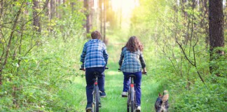 Ein junges Paar auf Radtour mit Hund - Rückenansicht bei Fahrt durch den Wald, Hund läuft neben den Rädern her.