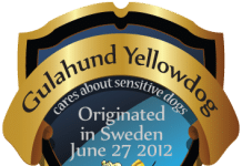 Original-Wappen der Gulahund Yellowhunde, Text: Originated in Sweden June 27, 2012